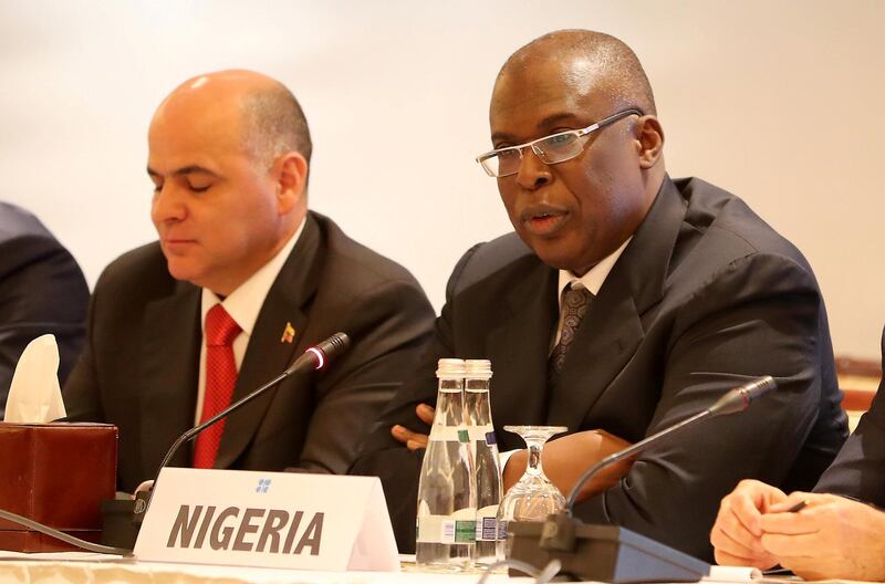 ABU DHABI ,  UNITED ARAB EMIRATES , SEPTEMBER 12 – 2019 :- Left to Right - Manuel Salvador Quevedo Fernández. Minister of Petroleum Bolivarian Republic of Venezuela , President , Opec and Timipre Sylva, Nigeria's Minister for state on Petroleum Resources  talking to media after the Opec Joint Ministerial Monitoring Committee Meeting held at the Emirates Palace in Abu Dhabi. ( Pawan Singh / The National ) For Business. Story by Jennifer