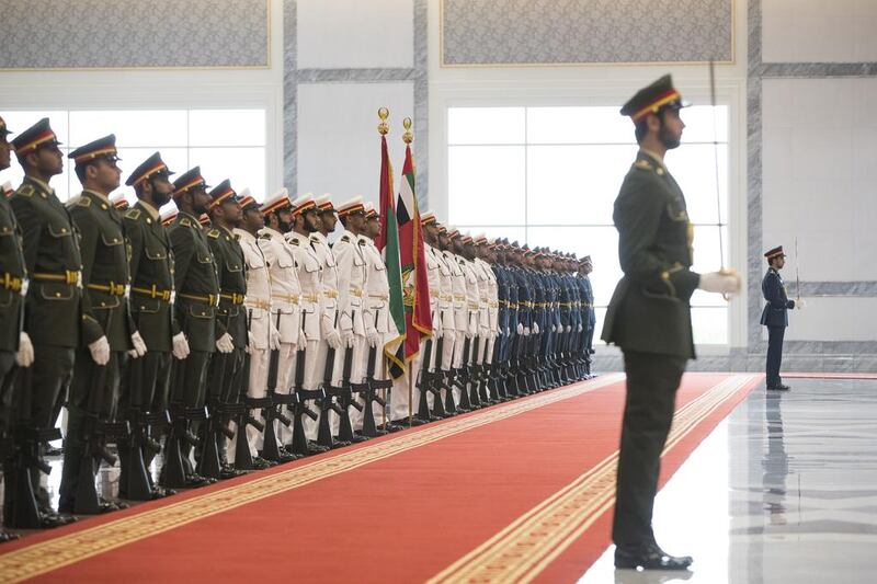 UAE Armed Forces honour guard participate in a reception for Abdel Fattah El Sisi, President of Egypt (not shown), at the Presidential Airport. Ryan Carter / Crown Prince Court - Abu Dhabi