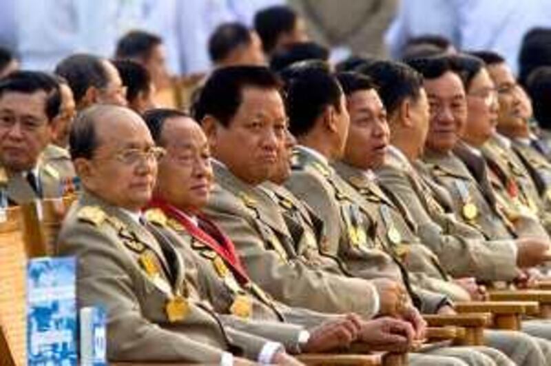 Myanmar's junta leaders look on during ceremonies Saturday, March 27, 2010, on the 65th anniversary Armed Forces Day in Naypitaw, Myanmar. The day remembers Myanmar's struggle against occupying Japanese Army during World War II. (AP Photo/David Longstreath) *** Local Caption ***  DLL101_Myanmar_Armed_Forces_Day.jpg