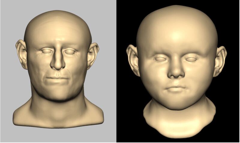 A reconstructed face of a male adult, left, and a child based on skeletal remains that suggest they belonged to Ashkenazi Jews and were victims of anti-Semitic violence during the 12th century. Photo: PA