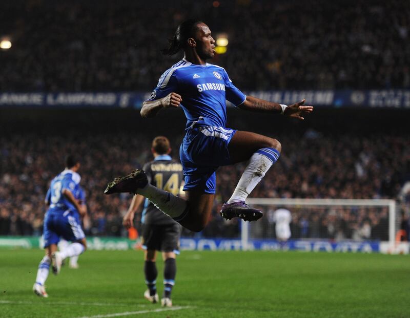 LONDON, ENGLAND - MARCH 14:  Didier Drogba of Chelsea celebrates as he scores their first goal with a header during the UEFA Champions League Round of 16 second leg match between Chelsea FC and SSC Napoli at Stamford Bridge on March 14, 2012 in London, England.  (Photo by Michael Regan/Getty Images)