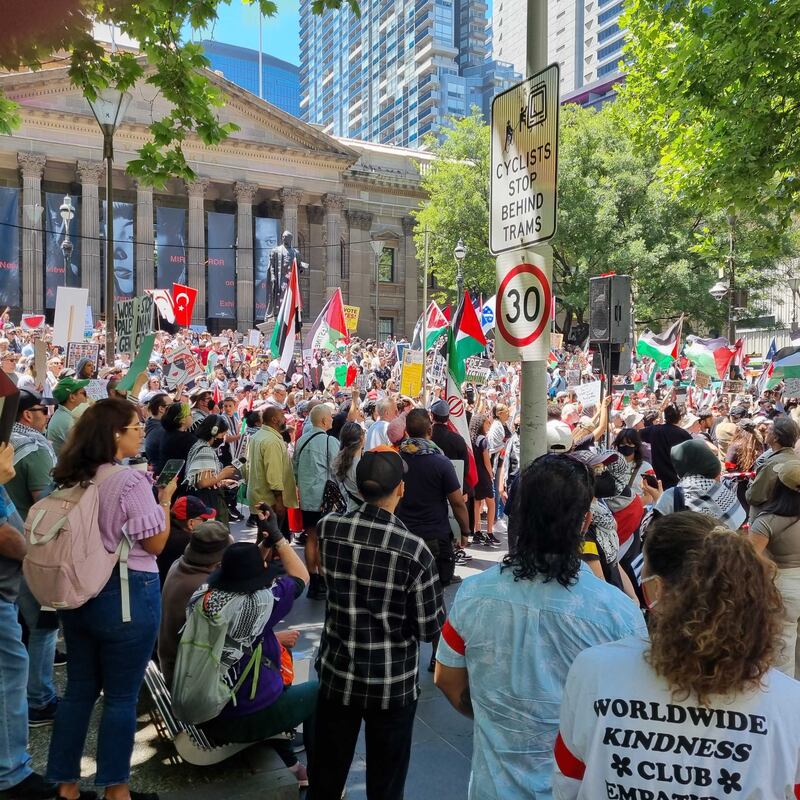 Thousands gathered at the State Library for the weekly protest in support of Palestinians in Melbourne, Australia. Paul Stafford / The National