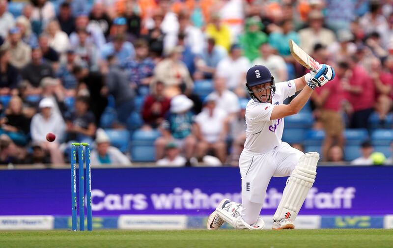 England's Ollie Pope drives the ball on Day 4 of the third Test  against New Zealand at Headingley on Sunday, June 26, 2022. PA