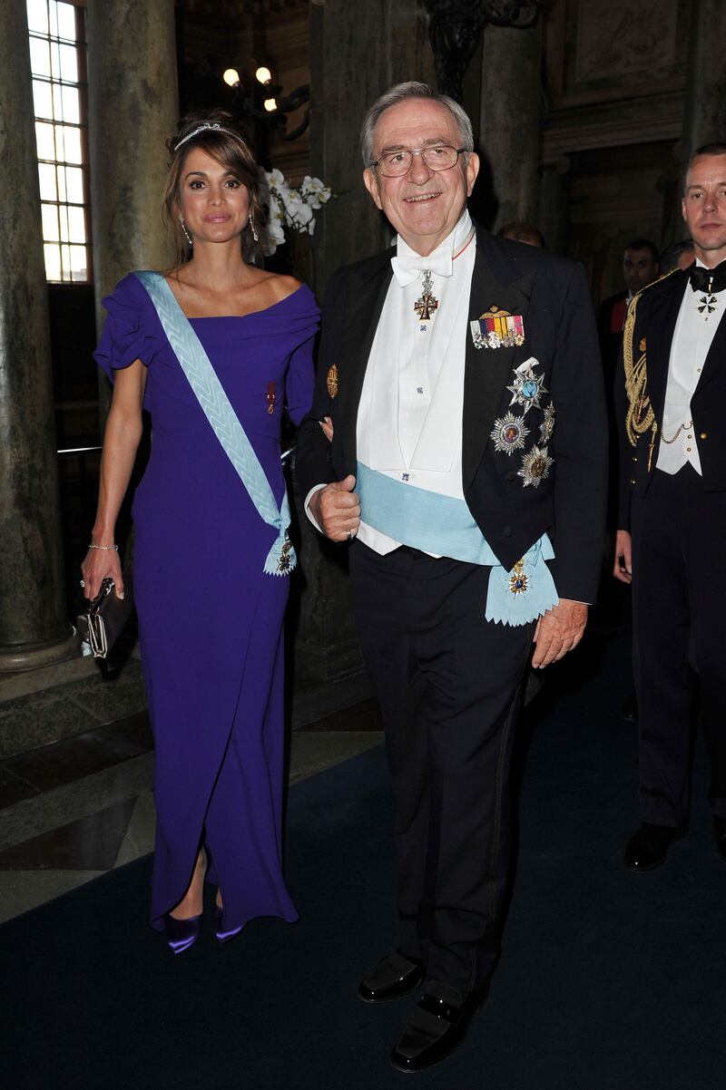 STOCKHOLM, SWEDEN - JUNE 19: Queen Rania of Jordan and King Constantin of Greece attend the Wedding Banquet for Crown Princess Victoria of Sweden and her husband prince Daniel at the Royal Palace on June 19, 2010 in Stockholm, Sweden.  (Photo by Pascal Le Segretain/Getty Images)