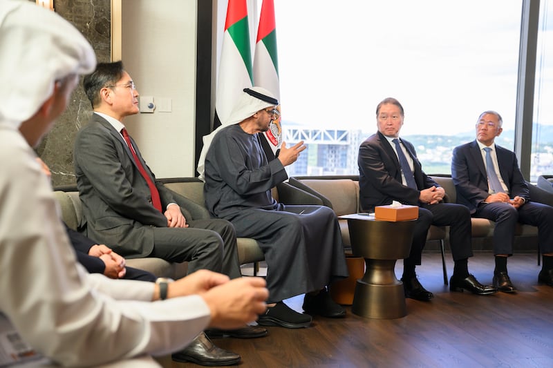 Sheikh Mohamed addresses leaders of the Korean business community, during a state visit to the Republic of Korea. Rashed Al Mansoori / UAE Presidential Court 