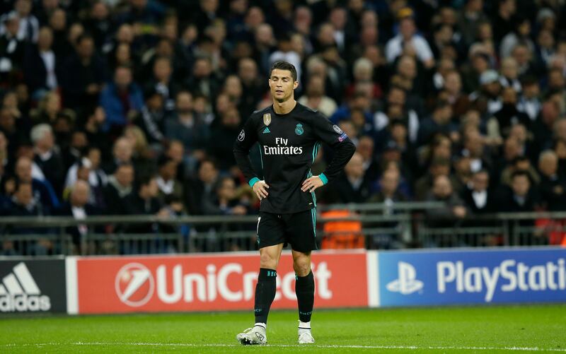 Real Madrid's Cristiano Ronaldo stands during a Champions League Group H soccer match between Tottenham Hotspurs and Real Madrid at the Wembley stadium in London, Wednesday, Nov. 1, 2017. (AP Photo/Tim Ireland)