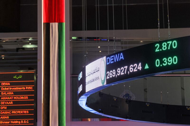 An electronic display shows the value of Dewa stocks at their debut on the Dubai Financial Market. AFP