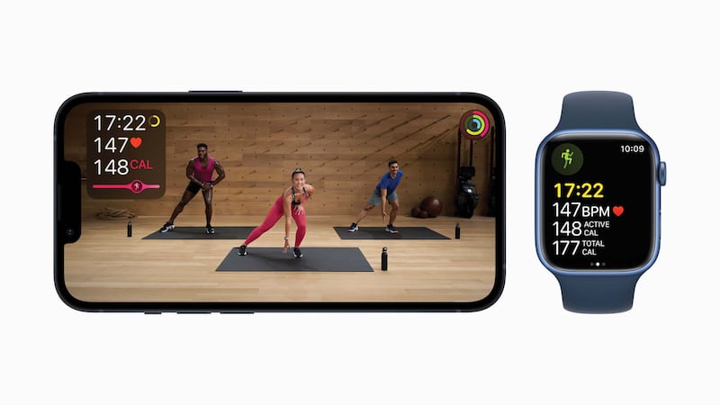 Fitness+ features studio-style workouts with users able to see their Apple Watch metrics on screen in real time