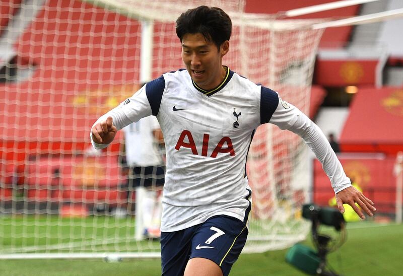 Tottenham Hotspur's Son Heung-min celebrates scoring his side's fourth goal of the game during the Premier League match at Old Trafford, Manchester. PA Photo. Picture date: Sunday October 4, 2020. See PA story SOCCER Man Utd. Photo credit should read: Oli Scarff/NMC Pool/PA Wire. RESTRICTIONS: EDITORIAL USE ONLY No use with unauthorised audio, video, data, fixture lists, club/league logos or "live" services. Online in-match use limited to 120 images, no video emulation. No use in betting, games or single club/league/player publications.