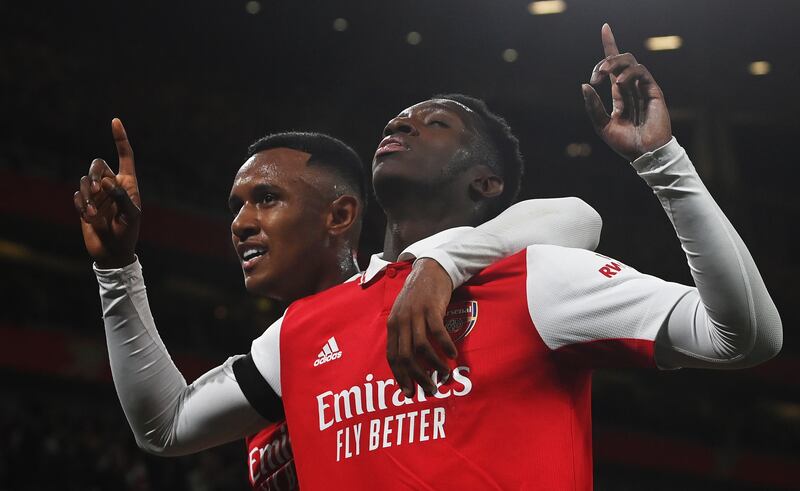 Eddie Nketiah celebrates with Marquinhos after scoring Arsenal's first goal in the 3-0 Europa League win against Bodo Glimt at Emirates Stadium on October 6, 2022. PA