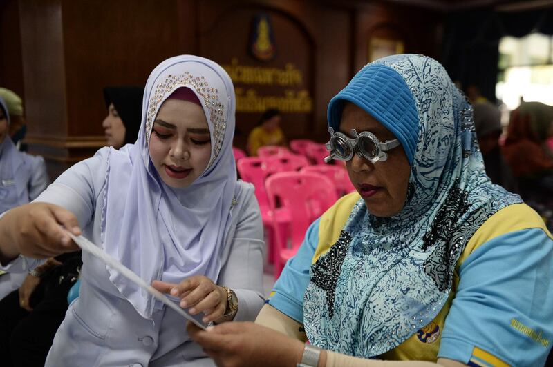 An optician inspects the eyesight of a Muslim woman during a Ramadan promotional eye test in the southern Thai province of Narathiwat. AFP