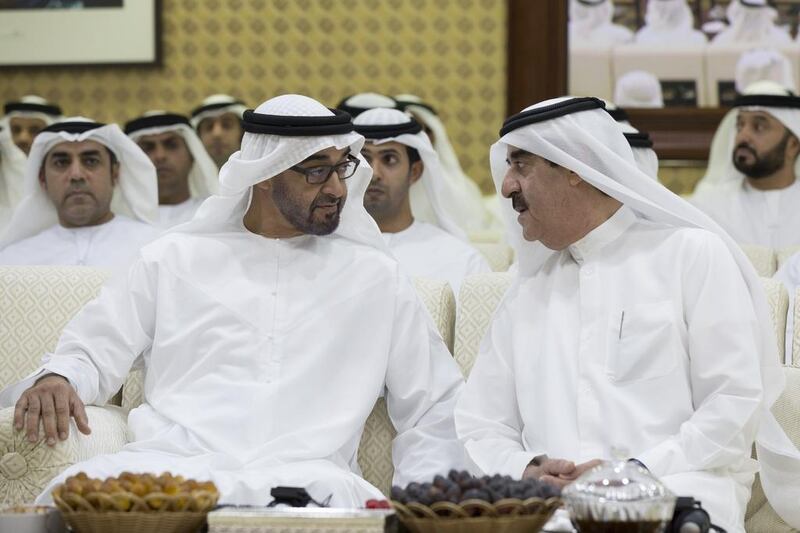 Sheikh Mohammed bin Zayed, Crown Prince of Abu Dhabi and Deputy Supreme Commander of the Armed Forces, with Sheikh Saud bin Rashid Al Mu’alla, Ruler of Umm Al Quwain, before a lecture at Al Bateen Palace by Wendy Kopp, chief executive of Teach For All. Ryan Carter / Crown Prince Court – Abu Dhabi 