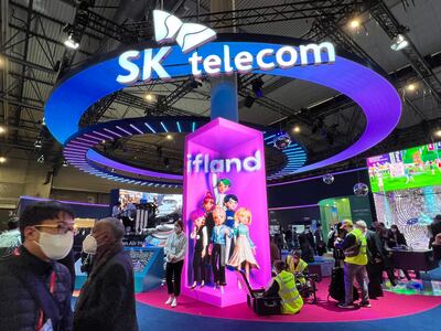 The stand of South Korea's SK Telecom, which is featuring a number of metaverse showcases, at the Mobile World Congress in Barcelona. Alvin R Cabral / The National