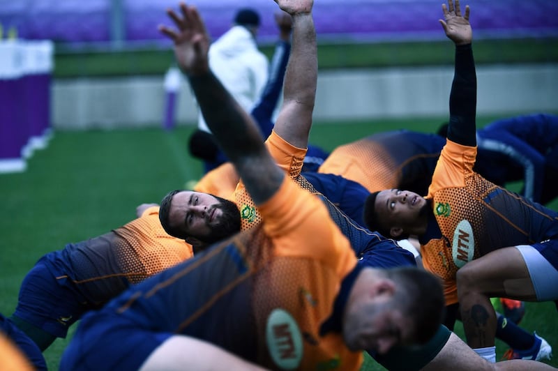 South Africa's players take part in a training session Fuchu Asahi Football Park in Tokyo ahead of their Japan 2019 Rugby World Cup semi-final against Wales. AFP