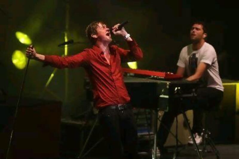 Tom Chaplin, left and Tim Rice-Oxley of Keane perform at the Madinat arena in Dubai. Paulo Vecina / The National