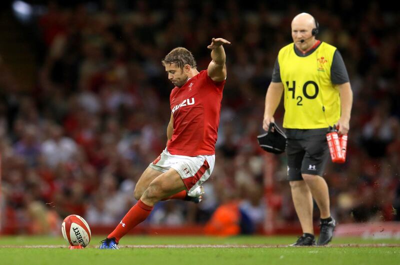 Wales' Leigh Halfpenny takes a penalty during the International Friendly at The Principality Stadium, Cardiff. PRESS ASSOCIATION Photo. Picture date: Saturday August 17, 2019. See PA story RUGBYU Wales. Photo credit should read: Adam Davy/PA Wire. RESTRICTIONS: Use subject to restrictions. Editorial use only. No commercial use. No use in books or print sales without prior permission.