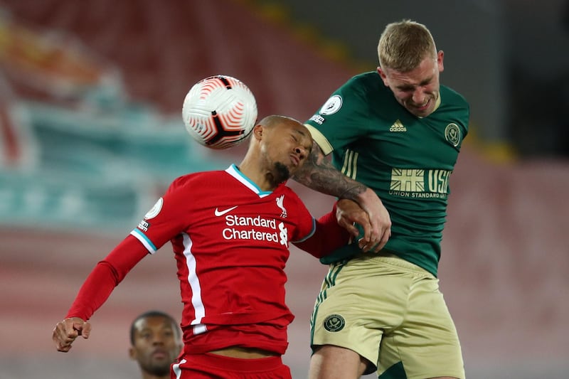 Oli McBurnie - 7: Wasted a chance to put his side two goals up but caused the defence trouble all night. Looks ungainly but worried Liverpool with his physicality. Pushed Fabinho and Gomez around. AFP