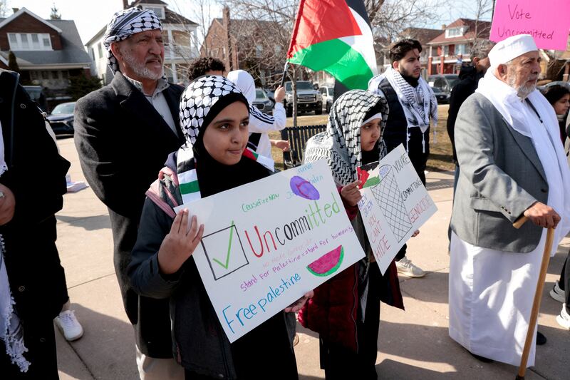 Supporters of the campaign to vote 'uncommitted' rally in support of Palestinians in Gaza, before Michigan’s Democratic presidential primary election. Reuters