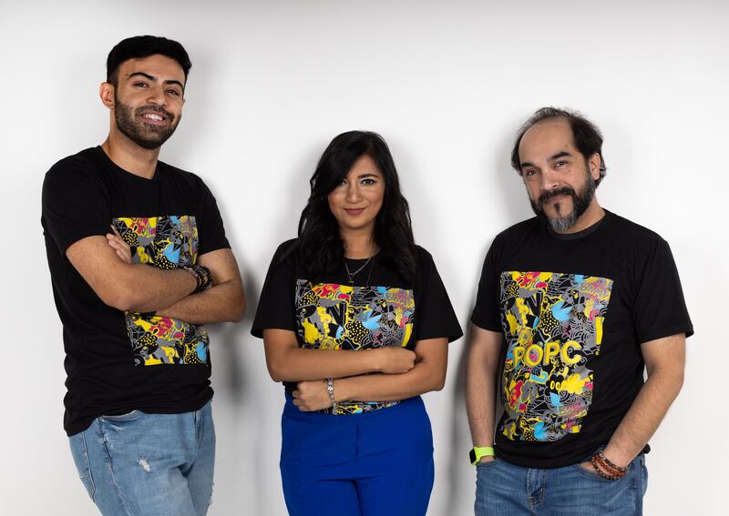 From left, Haroon Tahir, Amna Aijaz and Arafat Ali Khan, founders of Dubai-based e-commerce start-up POPC. Photo: Popc