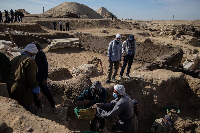 Workers at the newly discovered funerary temple of Queen Nearit, the wife of King Teti  in the Saqqara archaeological site next to the Pyramid of King Teti in Giza, Egypt. EPA