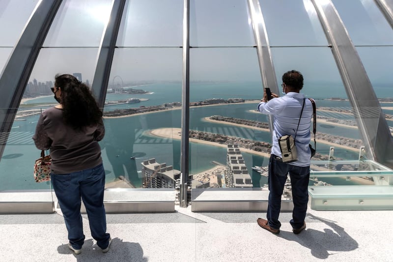 DUBAI, UNITED ARAB EMIRATES. 5 APRIL 2021. The View observation deck with 360 degrees of views of the Dubai Skyline situated on The Palm. (Photo: Antonie Robertson/The National) Journalist: Nick Webster. Section: National.