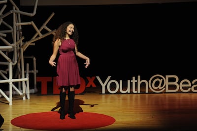 Outgoing and confident, el Kaliouby's daughter Jana Amin, who is an activist for female education, shows how public speaking should be done during a TEDx-Youth Talk in 2019. Courtesy Jana Amin