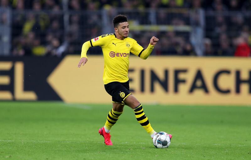 DORTMUND, GERMANY - FEBRUARY 01: Jadon Sancho of Dortmund runs with the ball during the Bundesliga match between Borussia Dortmund and 1. FC Union Berlin at Signal Iduna Park on February 01, 2020 in Dortmund, Germany. (Photo by Lars Baron/Bongarts/Getty Images)