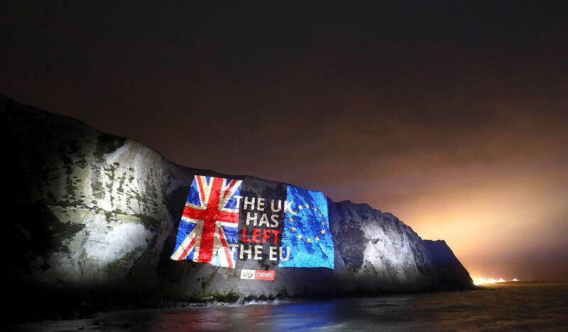 DOVER, ENGLAND - JANUARY 31: *EMBARGOED UNTIL 23:00 ON 31ST JAN**  Sky News marks Brexit day by projecting a farewell message on the white cliffs of Dover on January 31, 2020 in Dover, England. (Photo by Tim P. Whitby/Getty Images for Sky UK)
