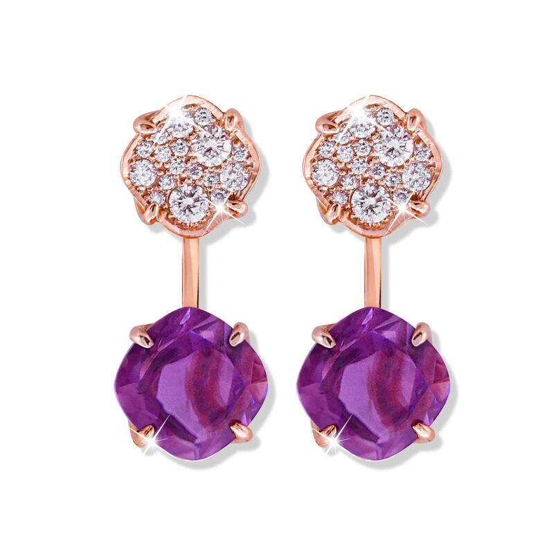 Nouf earrings by Liali. Purple amethyst and rose gold match beautifully in these drop earrings, while white diamonds add an extra frisson of glamour