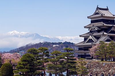 Japan, Kyoto, Nagano prefecture. Matsumoto Castle and moat, pine trees, spring cherry tree blossom and snow capped mountains