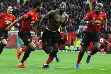 epa07408913 Manchester Unitedâ€™s Romelu Lukaku (C) celebrates after scoring his second goal and his side third goal during the English Premier League soccer match between Manchester United and Southampton at Old Trafford in Manchester, Britain, Saturday 2 March 2019. EPA/Rui Vieira EDITORIAL USE ONLY. No use with unauthorized audio, video, data, fixture lists, club/league logos or 'live' services. Online in-match use limited to 120 images, no video emulation. No use in betting, games or single club/league/player publications