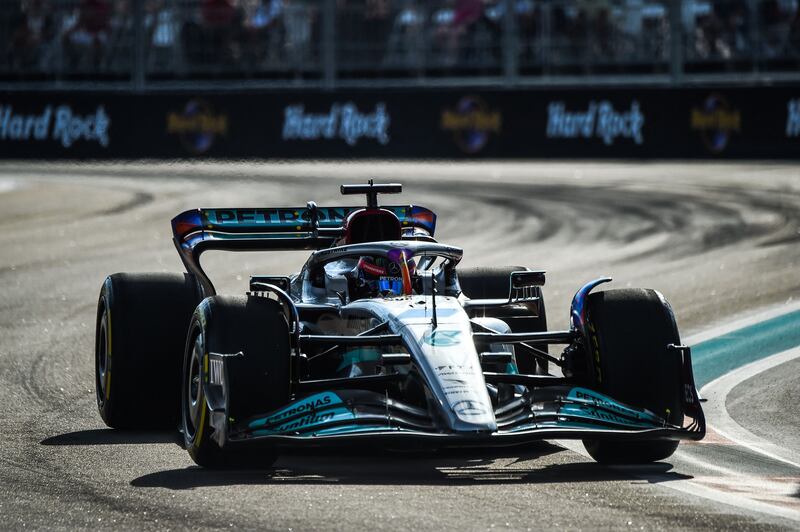 Mercedes' British driver George Russell steers during the second practice session of the Miami Formula One Grand Prix at the Miami International Autodrome in Miami Gardens, Florida, on May 6, 2022.  (Photo by CHANDAN KHANNA  /  AFP)