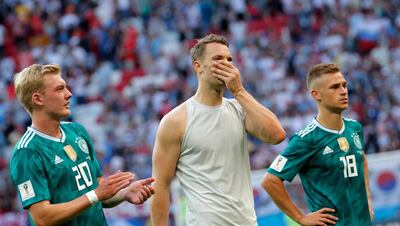 epa06844819 Goalkeeper Manuel Neuer (C) of Germany reacts after the FIFA World Cup 2018 group F preliminary round soccer match between South Korea and Germany in Kazan, Russia, 27 June 2018.

(RESTRICTIONS APPLY: Editorial Use Only, not used in association with any commercial entity - Images must not be used in any form of alert service or push service of any kind including via mobile alert services, downloads to mobile devices or MMS messaging - Images must appear as still images and must not emulate match action video footage - No alteration is made to, and no text or image is superimposed over, any published image which: (a) intentionally obscures or removes a sponsor identification image; or (b) adds or overlays the commercial identification of any third party which is not officially associated with the FIFA World Cup)  EPA/ROBERT GHEMENT   EDITORIAL USE ONLY