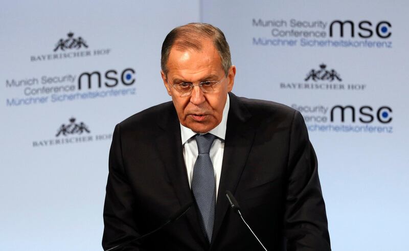 epa06536311 Sergei Lavrov, the Foreign Minister of Russia, speaks during the 54th Munich Security Conference (MSC), in Munich, Germany, 17 February 2018. In their annual meeting, politicians and various experts and guests from around the world discuss global security issues from 16 to 18 February.  EPA/RONALD WITTEK