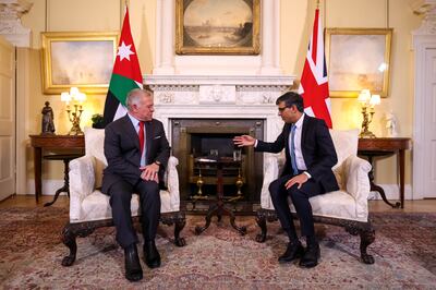 British Prime Minister Rishi Sunak, right, with King Abdullah of Jordan in No 10 Downing Street. EPA