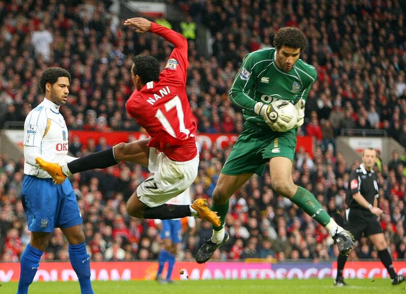 MANCHESTER, UNITED KINGDOM - MARCH 08:  David James of Portsmouth saves a chance by Nani of Manchester United during the FA Cup Sponsored by e.on Quarter Final match between Manchester United and Portsmouth held at Old Trafford on March 8, 2008 in Manchester, England.  (Photo by Richard Heathcote/Getty Images)