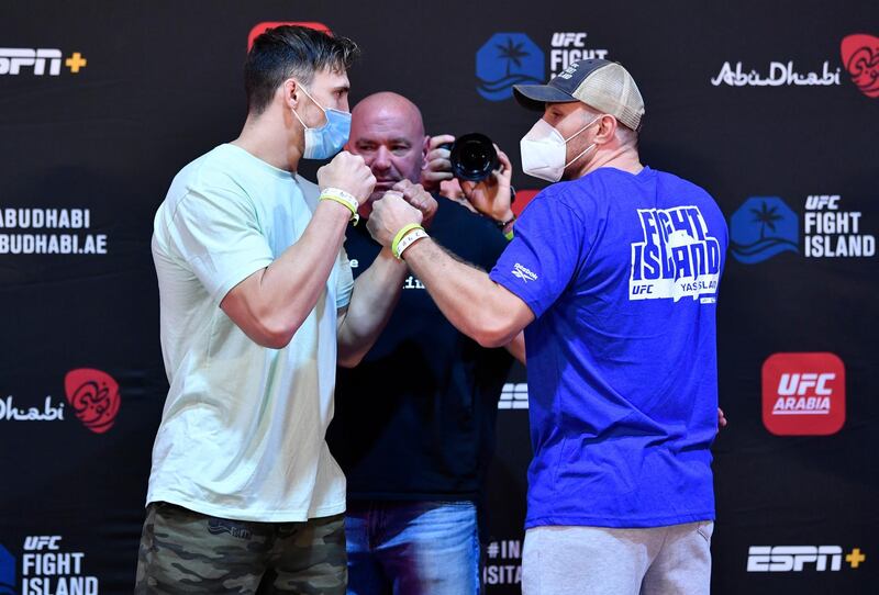 ABU DHABI, UNITED ARAB EMIRATES - JULY 14: (L-R) Opponents Modestas Bukauskas of Lithuania and Andreas Michailidis of Greece face off during the UFC Fight Night weigh-in inside Flash Forum on UFC Fight Island on July 14, 2020 in Yas Island, Abu Dhabi, United Arab Emirates. (Photo by Jeff Bottari/Zuffa LLC via Getty Images)