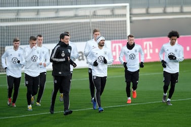 Germany's players take part a training session in Wolfsburg ahead of their friendly against Serbia on Thursday. Peter Steffen / AFP