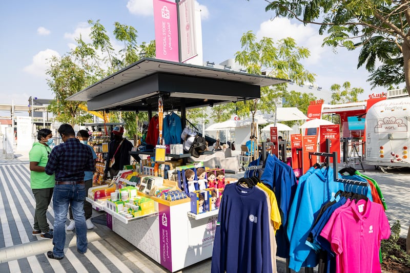 There are many kiosks stocked with souvenirs across the world's fair.