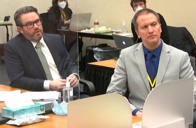 In this image from video, defense attorney Eric Nelson, left, and defendant, former Minneapolis police officer Derek Chauvin, speak to Hennepin County Judge PeterÂ Cahill after the judge has put the trial into the hands of the jury. Monday, April 19, 2021, in the trial of Chauvin, in the May 25, 2020, death of George Floyd at the Hennepin County Courthouse in Minneapolis, Minn. (Court TV via AP, Pool)