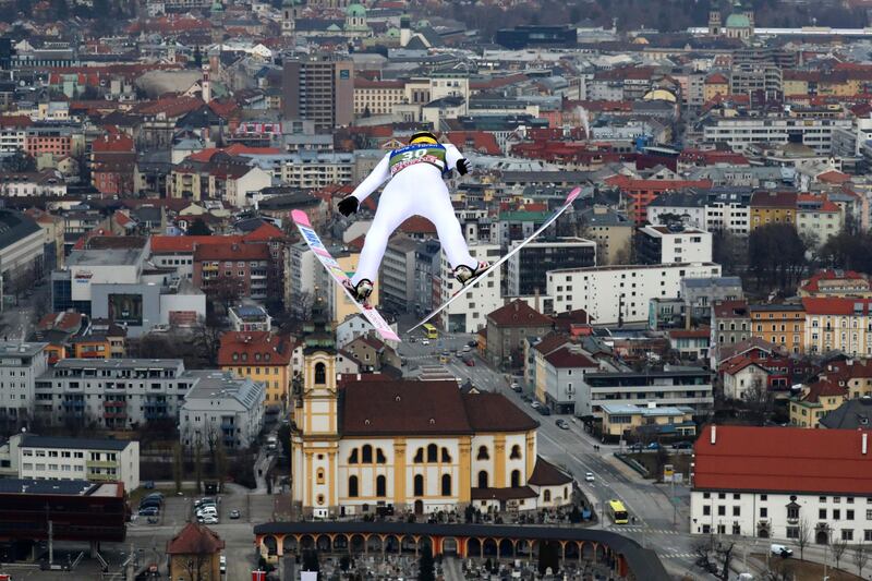 Evgeniy Klimov of Russia during his trial jump at the third stage of the 69th Four Hills Tournament in Innsbruck, Austria, on Saturday, January 2. AP