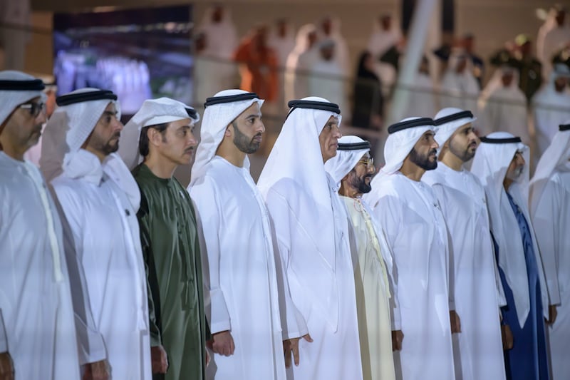 Left to right: Sheikh Hamed bin Zayed, Managing Director of Abu Dhabi Investment Authority and Member of Abu Dhabi Executive Council, Lt Gen Sheikh Saif bin Zayed, UAE Deputy Prime Minister and Minister of Interior, Sheikh Hazza bin Zayed, Vice Chairman of the Abu Dhabi Executive Council, Sheikh Mohammed bin Saud bin Saqr Al Qasimi, Crown Prince and Deputy Ruler of Ras Al Khaimah, Sheikh Saud, Ruler of Ras Al Khaimah, Sheikh Tahnoon bin Mohammed, Ruler's Representative in Al Ain Region, Sheikh Nahyan Bin Zayed, Chairman of the Board of Trustees of Zayed bin Sultan Al Nahyan Charitable and Humanitarian Foundation, Sheikh Theyab bin Mohamed bin Zayed, Abu Dhabi Executive Council member and Chairman of the Abu Dhabi Crown Prince Court, and Sheikh Nahyan bin Mubarak, Minister of State for Tolerance, at the ceremony. 