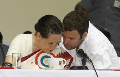 NEW DELHI, INDIA Â NOVEMBER 02: Congress leaders Sonia Gandhi and son Rahul Gandhi exchange discussion during the All India Congress Committee (AICC) meet in New Delhi, on November 2, 2010.(Photo by Sipra Das/The India Today Group via Getty Images)