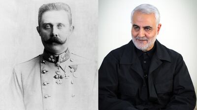 Franz Ferdinand, Archduke of Austria-EsteCrown Prince of Austria. Getty Images

Qasem Soleimani, Iranian Revolutionary Guards Corps (IRGC) Major General and commander of the Quds Force. AFP