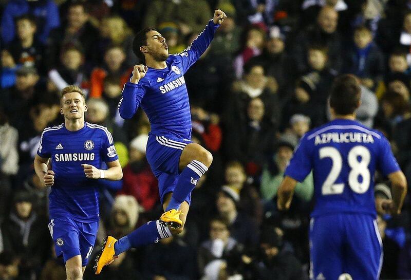 Eden Hazard celebrates scoring against Derby County in Chelsea's League Cup victory on Tuesday night in Derby. Darren Staples / Reuters / December 16, 2014
