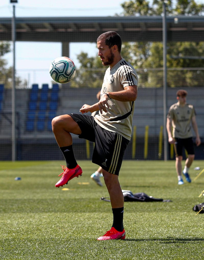 MADRID, SPAIN - MAY 21: Eden Hazard of Real Madrid during the team's training session during the Covid-19 pandemic at Valdebebas training ground on May 21, 2020 in Madrid, Spain. (Photo by Antonio Villalba/Real Madrid via Getty Images)