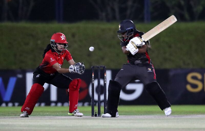 Kavisha Egodage of UAE watches the ball.