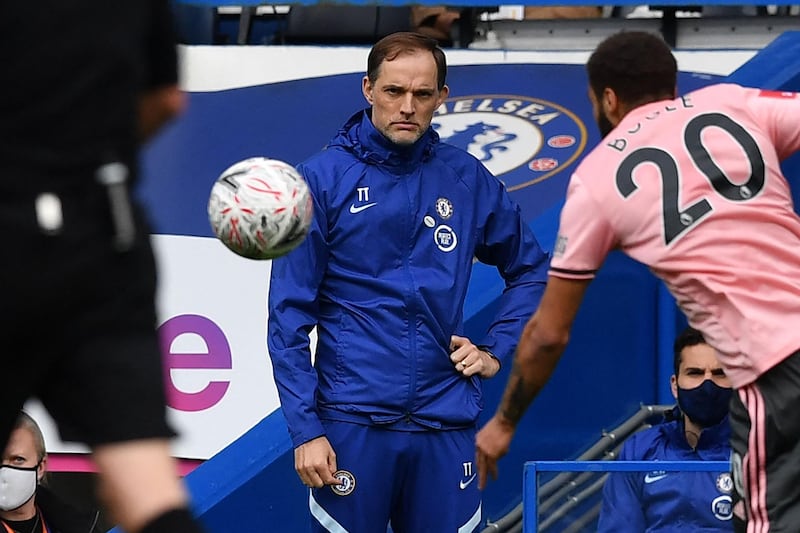 Thomas Tuchel watches from the touchline during the FA Cup quarter final match between Chelsea and Sheffield United. AFP
