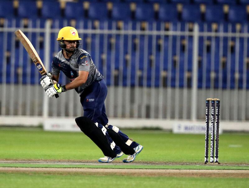 Pacific Group's Mohammad Ikram bats in the Sharjah Ramadan Cup game between MGM Cricket Club v Pacific Group in Sharjah on April 27th, 2021. Chris Whiteoak / The National. 
Reporter: Paul Radley for Sport