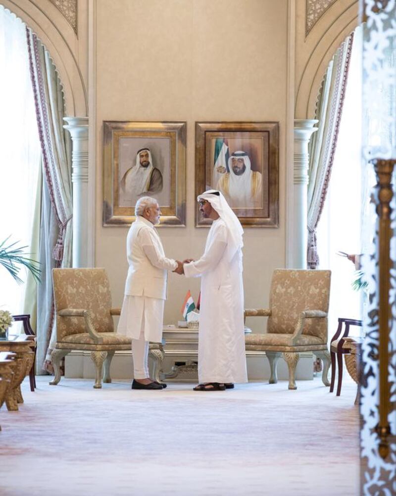 Sheikh Mohammed bin Zayed, Crown Prince of Abu Dhabi and Deputy Supreme Commander of the Armed Forces, met the Indian prime minister Narendra Modi in Abu Dhabi on Monday. Ryan Carter / Crown Prince Court - Abu Dhabi
